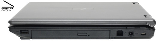 Right Side: 1x USB-2.0, DVD burner, 54k-Modem, Power Connector, Kensington Lock