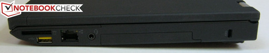 Right: 4-in-1 SD card reader, always-on USB 2.0, Gigabit RJ-45, 3.5mm combo audio jack, 2.5-inch drive caddy, Kensington Lock