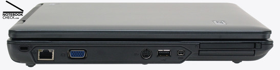 Left Side: Kensington Lock, Gigabit-LAN, VGA, S-Video, 1x USB-2.0, Firewire, ExpressCard/54, PC-Card