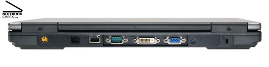 Back Side: S-Video Out, Modem, Gigabit-LAN, Serial port, DVI-D, VGA, Power Connector, Kensington Lock