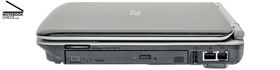 Right Side: DVD-drive, 5-in-1-card reader, 1x USB 2.0, Gigabit-LAN, modem