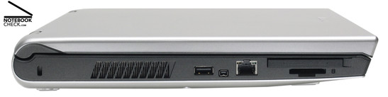 Left Side: Kensington lock, vent holes, 1x USB-2.0, FireWire, 100-MBit-LAN, ExpressCard/54, 5-in-1 card reader