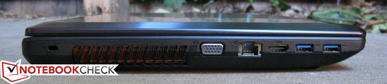 Left: Kensington Lock, VGA-out, Gigabit RJ-45, HDMI-out, 2x USB 3.0