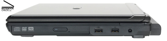 Right side: DVD drive, 2x USB-2.0, power connector