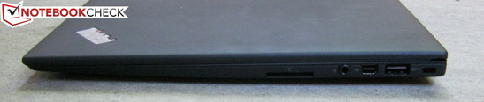 Right: 4-in-1 card reader, 3.5 mm headset, mini DisplayPort, 1x USB 3.0, Kensington Lock