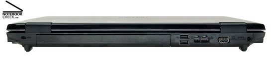 Samsung R700 Aura T9300 Dillen back side: Kensington lock, battery, 2x USB-2.0, Gigabit-LAN, modem, VGA, power