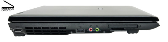 Samsung R700 Aura T9300 Dillen left side: HDMI, Vent holes,  1x USB-2.0, microphone, headphones, ExpressCard/54, 7-in-1 card reader
