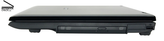 Samsung R700 Aura T9300 Dillen right side: DVD drive, 1x USB-2.0