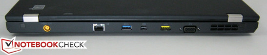 Rear: AC input, Gigabit RJ-45, 1x USB 3.0, Mini DisplayPort, 1x USB 2.0 Sleep-and-Charge, VGA-out