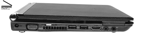 Asus U2E 1P017E Left Side: Power Connector, VGA, Wireless Switch, Vent Holes, 2x USB-2.0, μ-DVI-Port, Microphone, Headphones (S/PDIF), ExpressCard/34