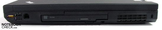 Right: powered USB 2.0, 2x USB 2.0, Modem, DVD drive, Kensington Lock