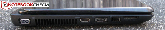 Left: VGA-out, HDMI 1.4, eSATA/USB 2.0 combo port, 8-in-1 card reader