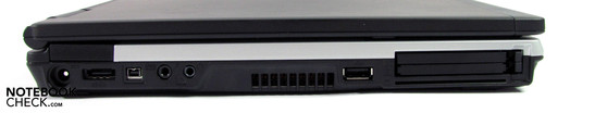 Left: Power supply, eSata, Firewire 400, Audio, USB 2.0, ExpressCard/54, PCMCIA, Smartcard