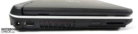 Left: DC-in, USB 2.0, WLAN slider, cardreader, smartcard reader