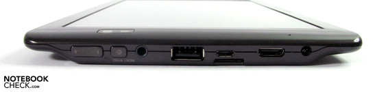 Left: volume, in/ out, headset, USB 2.0, mini USB, micro SD/ SDHC, mini HDMI