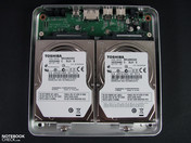 Compact design enabled by 2 HDDs alongside one another.