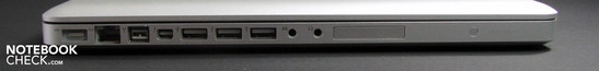 Left: Power, Ethernet, FW800, Thunderbolt/Mini DisplayPort, 3x USB 2.0, Audio in/out, ExpressCard/34, Battery Charge LED