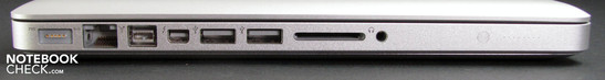 Left: MagSafe Power, LAN, FW800, Thunderbolt/DP, 2x USB 2.0, CardReader, Combo Headphones/Mic