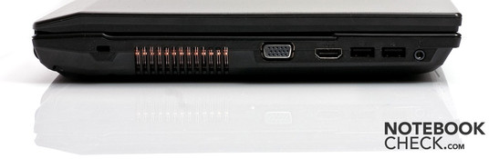 Left: Kensington lock, VGA, HDMI, two USB 2.0s, headphone
