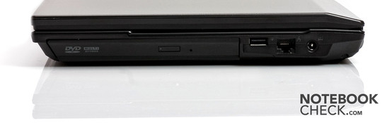 Right: Power socket, RJ45 LAN, USB 2.0, optical drive