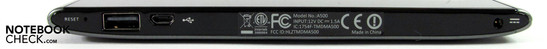 Right: Reset, USB 2.0, Micro-USB, DC input
