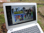 Outdoors: substantial reflections, good brightness.