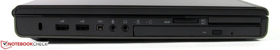 Left: Kensington-Lock, 2x USB 2.0, FireWire, audio in/out, card reader, ExpressCard/54 and smart card reader, Blu-ray burner