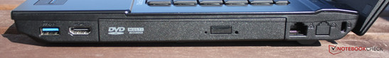 Right side: 1xUSB 3.0, HDMI, DVD burner, LAN, Kensington Lock