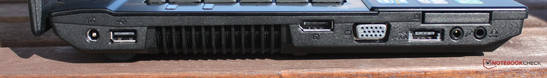 Left side: Power, 1x USB 2.0, Display Port, VGA, 34mm Expresscard, eSATA (USB 2.0 combo), 3.5mm audio jack (S/PDIF), audio input