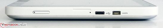 Left side: Power button, micro USB port and micro HDMI out.