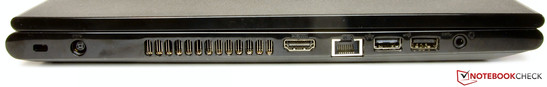 Left side: Kensington loock slot, power jack, HDMI, Ethernet, USB 2.0, USB 3.0, audio combo-jack