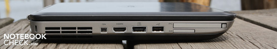 Left: FireWire, HDMI, eSATA/USB 2.0, USB 2.0, PC-Card (PCMCIA), card reader
