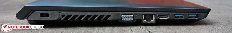 Left: Power-in, battery LED, VGA d-Sub, RJ-45 Ethernet, HDMI, 2x USB 3.0