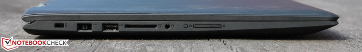 Left: Kensington, power in, USB 2.0, card reader, mic+line, rotation lock, volume rocker
