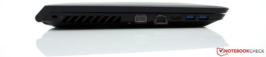Left side: Slot for a Kensington lock, VGA-out, Gigabit Ethernet, HDMI, 2x USB 3.0