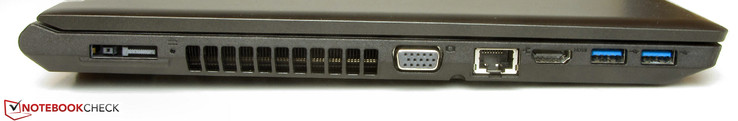 Left: Power-in, docking port, VGA-out, Gigabit-Ethernet, HDMI, 2x USB 3.0