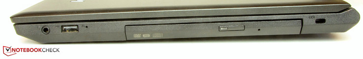 Right: Combo audio, USB 2.0, OneKey recovery button (lowered), DVD burner, cable lock slot