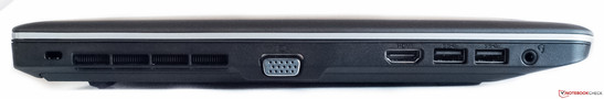 Left side: Kensington, main cooling vents, VGA, HDMI, 2x USB 3.0, audio in/out 3.5 mm
