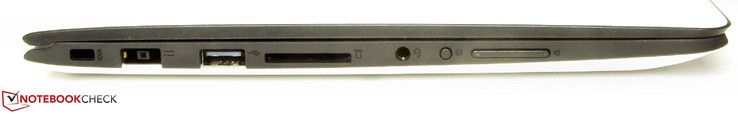 Left side: lock slot, power jack, USB 2.0, card reader, automatic rotation, volume rocker switch