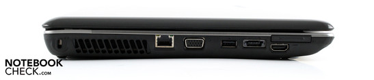 Left: Kensington lock, ethernet, VGA, USB 2.0, eSATA/USB, ExpressCard34