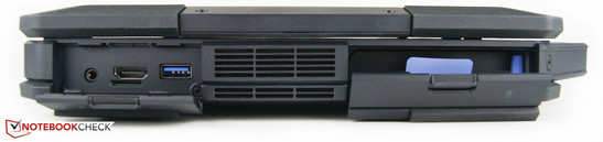 Left: combo audio, SIM card slot, HDMI port, USB 3.0, battery compartment