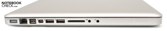 Left: MagSafe Power Connector, RJ-45, FireWire 800, Thunderbolt (incl. Mini DisplayPort), 2x USB 2.0, Card Reader (SD, SDHC, SDXC), Headphone Jack, Mic Input