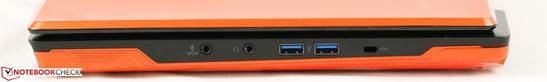 Right: SPDIF, 3. 5mm combo audio, 2x USB 3.0, Kensington Lock