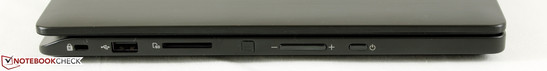 Left: Kensington Lock, 1x USB 2.0, SD reader, Windows Home button, Volume rocker, Power button