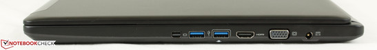 Right: Mini DisplayPort, 2x USB 3.0, HDMI-out, VGA-out, DC-in