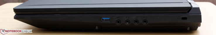 Right: USB 3.0, 4x 3.5 mm headphone, microphone, SPDIF, Line-in, Kensington Lock