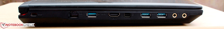Left: Kensington Lock, Gigabit Ethernet, HDMI-out, Mini-DisplayPort, 3x USB 3.0, 1x 3.5 mm microphone, 1. 3.5 mm headphones
