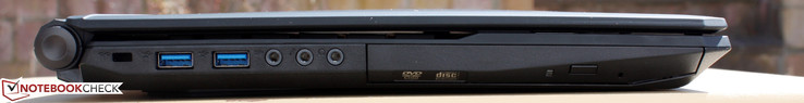 Left: Kensington Lock, 2x USB 3.0, S/PDIF (Coaxial); 3.5 mm Headphone, Microphone, Line-in, Optical drive