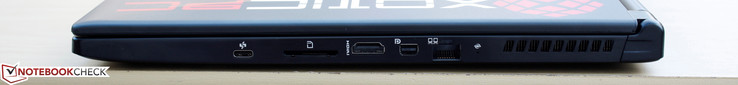 Right: USB 3.1 Type-C Gen. 2, SD reader, HDMI 1.4, Mini-DisplayPort 1.2, Gigabit Ethernet