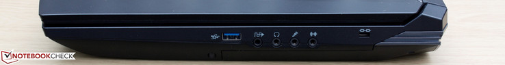 Right: USB 3.0, external 7.1CH audio output, headphone out, microphone in, S/PDIF and Line-in, Kensington Lock